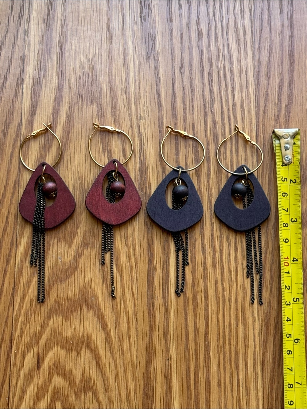 Handmade wooden Teardrop Hoop Earrings with Chain Fringe - Burgundy and Black